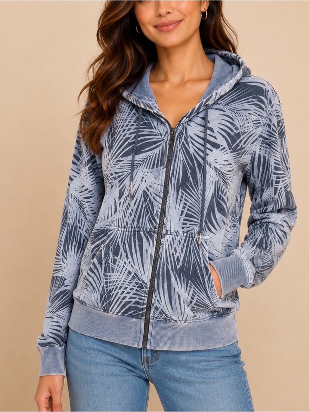 JoyLab Palm Print Zip Up Hoodie Small | Athleisure Coastal Cool Sweatshirt